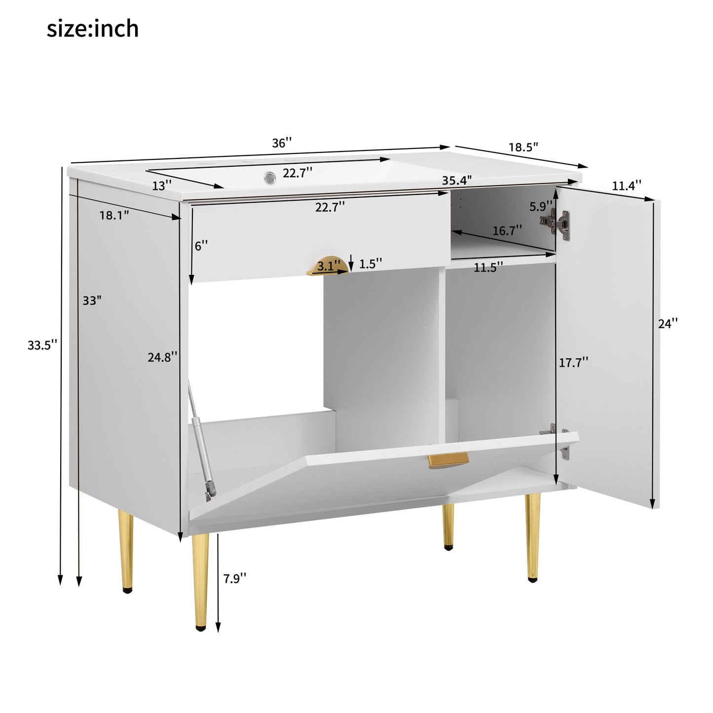 VanityFus 36-in White Bathroom Vanity Single Sink Combo Resin Top Undermount with 2 Soft Close Doors