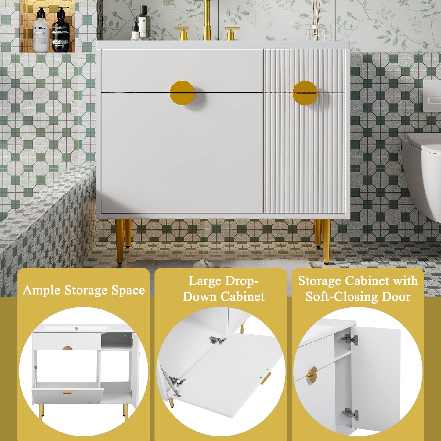 VanityFus 36-in White Bathroom Vanity Single Sink Combo Resin Top Undermount with 2 Soft Close Doors