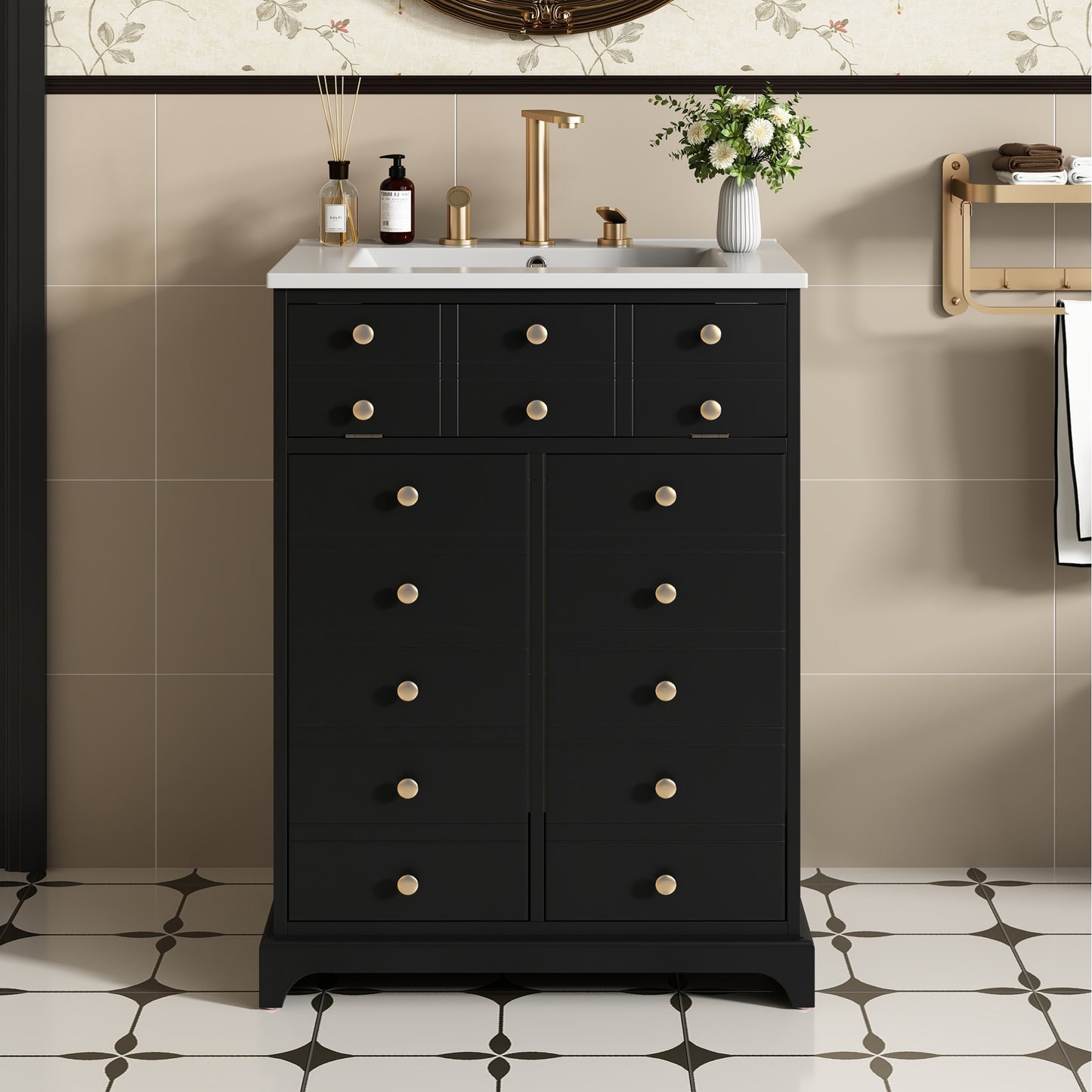 VanityFus 24.01-in Black Bathroom Vanity Single Sink Combo with Ceramic Top Undermount 2 Soft Close Doors 1 Drawer