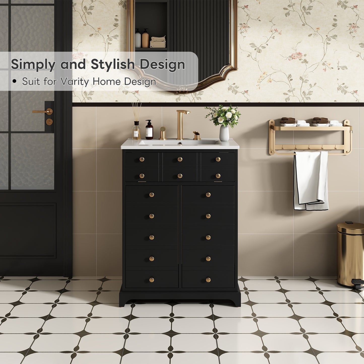 VanityFus 24.01-in Black Bathroom Vanity Single Sink Combo with Ceramic Top Undermount 2 Soft Close Doors 1 Drawer