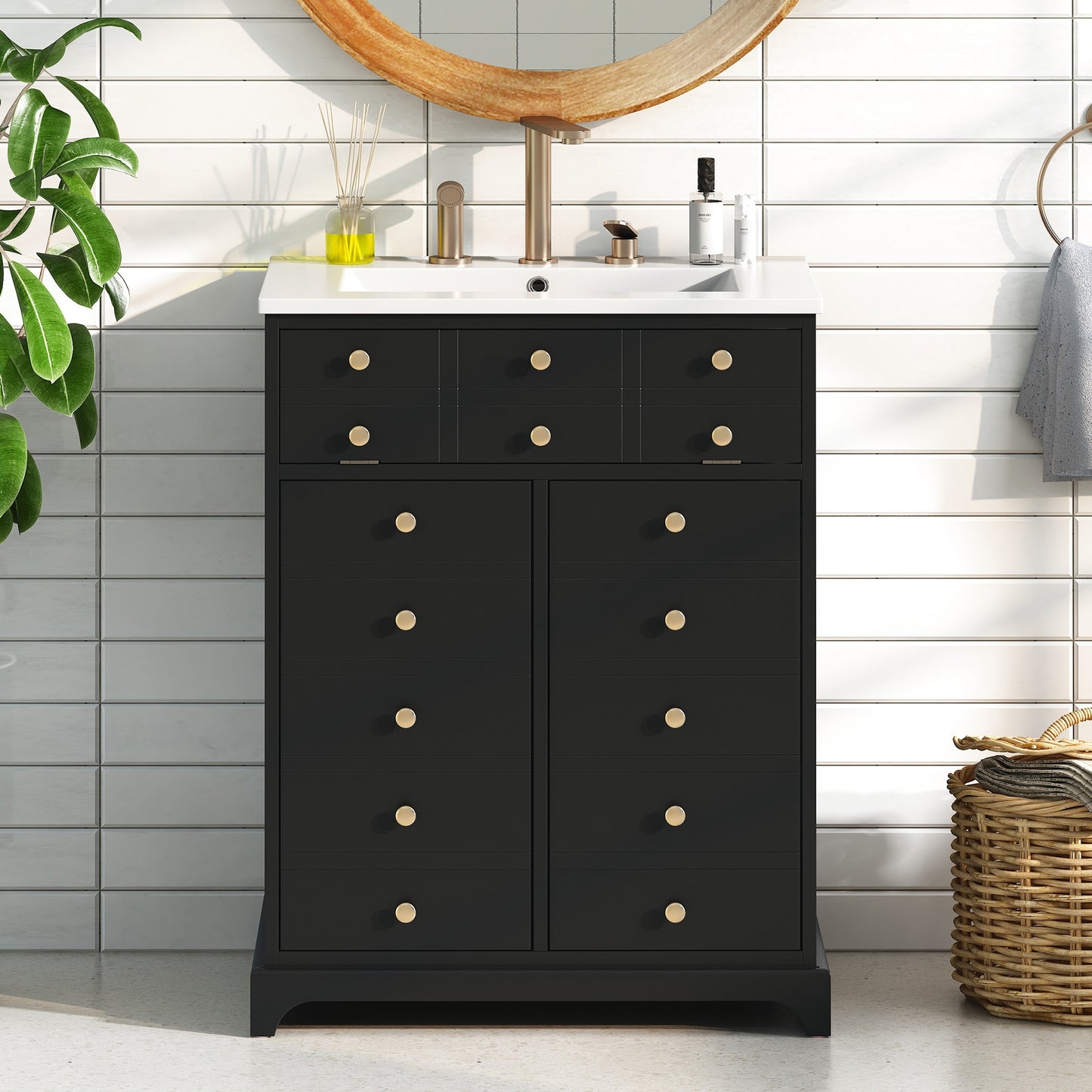 VanityFus 24.01-in Black Bathroom Vanity Single Sink Combo with Ceramic Top Undermount 2 Soft Close Doors 1 Drawer