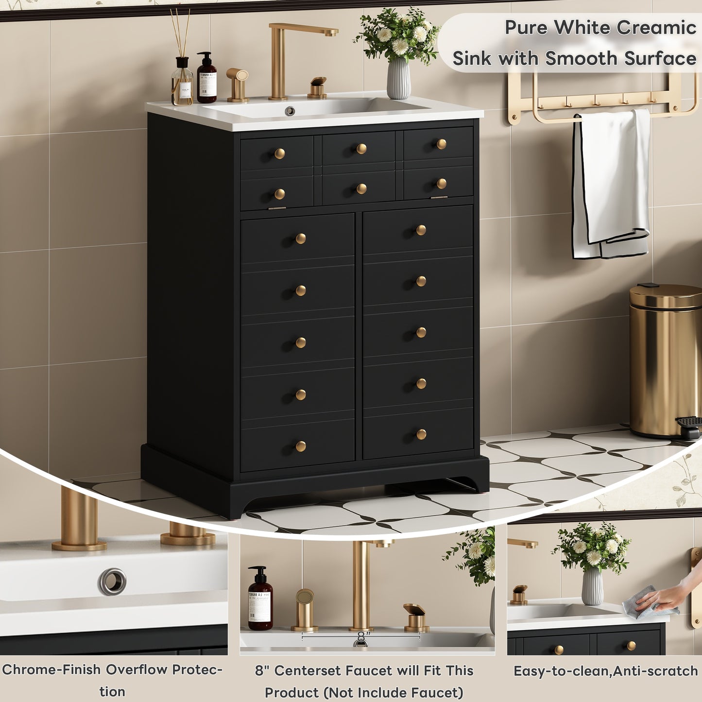 VanityFus 24.01-in Black Bathroom Vanity Single Sink Combo with Ceramic Top Undermount 2 Soft Close Doors 1 Drawer