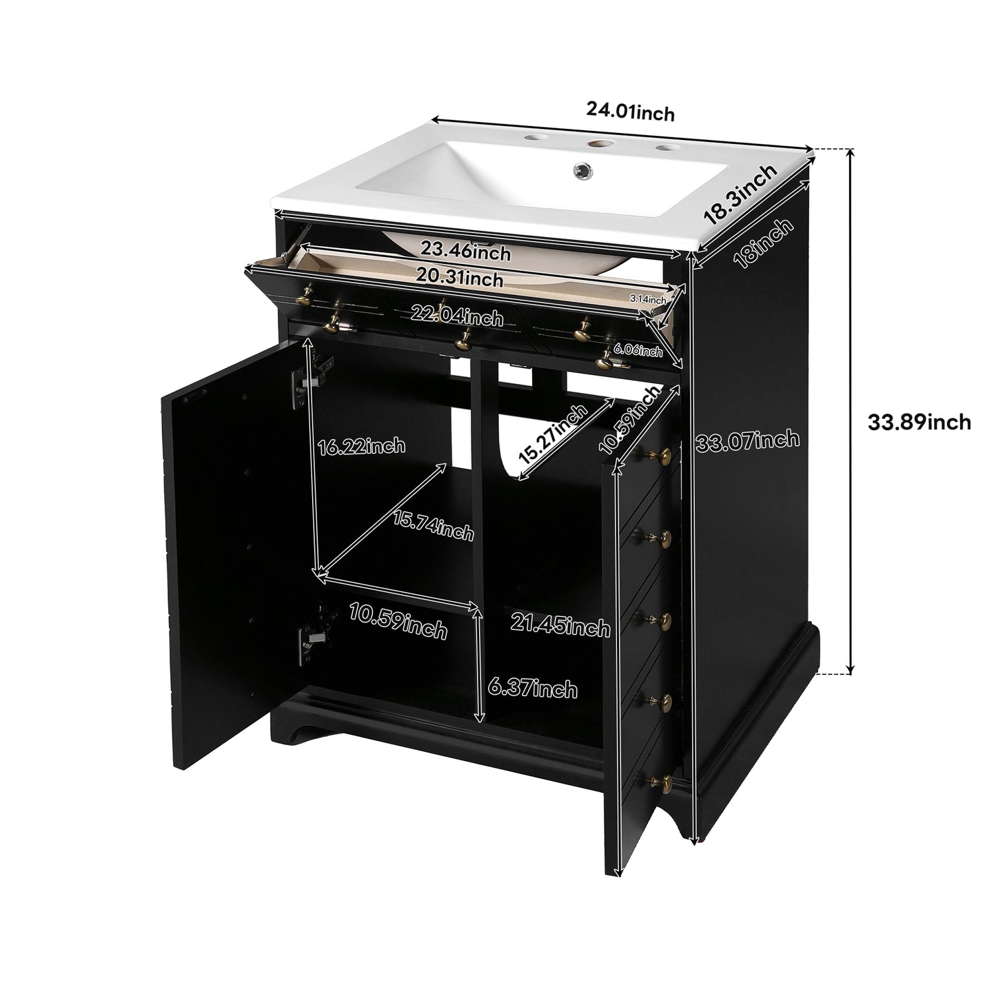 VanityFus 24.01-in Black Bathroom Vanity Single Sink Combo with Ceramic Top Undermount 2 Soft Close Doors 1 Drawer