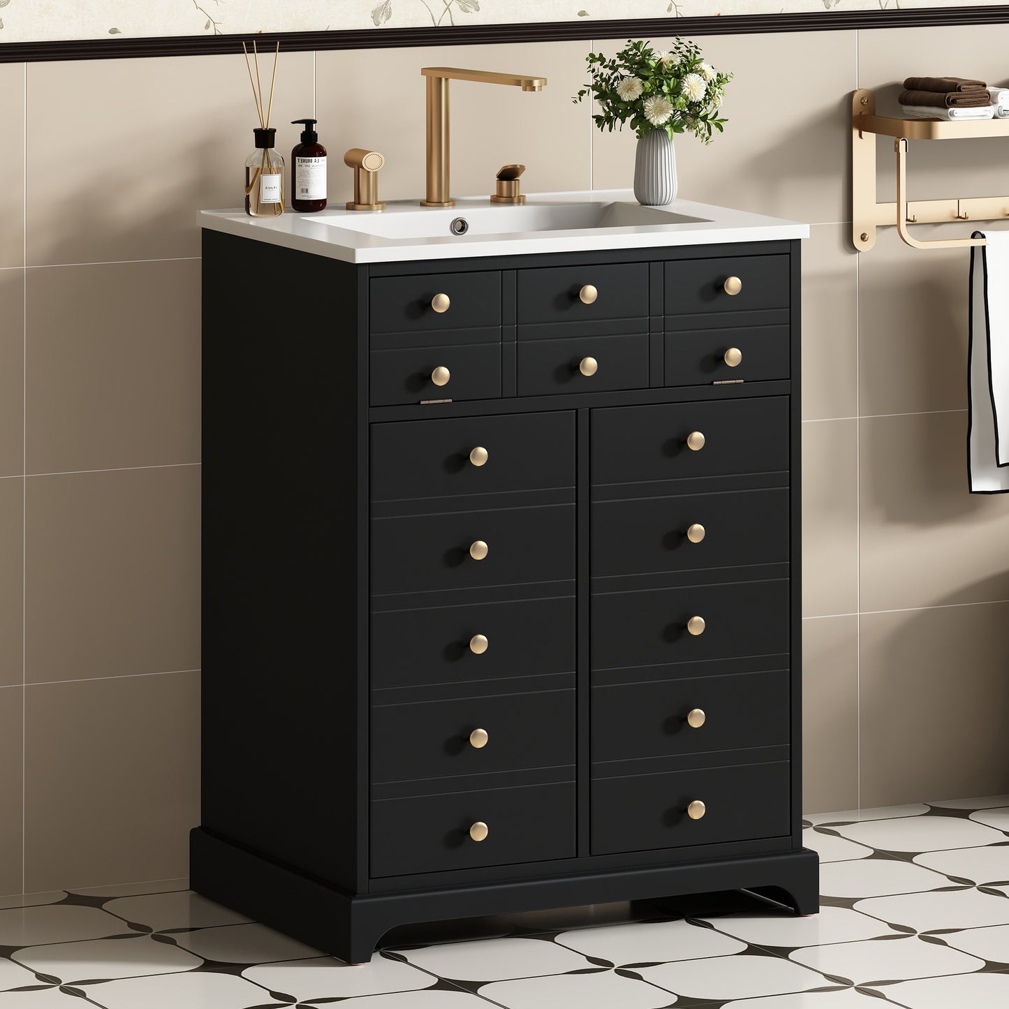 VanityFus 24.01-in Black Bathroom Vanity Single Sink Combo with Ceramic Top Undermount 2 Soft Close Doors 1 Drawer