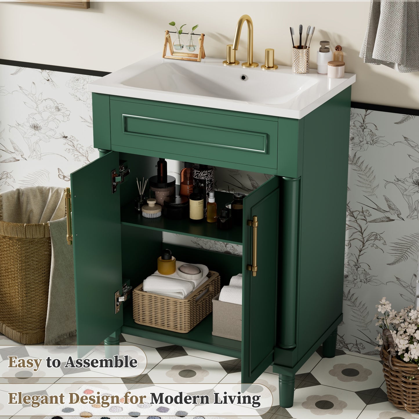 VanityFus 24-in Green Bathroom Vanity Undermount Single Sink Combo with Ceramic Top 2 Doors Adjustable Shelves