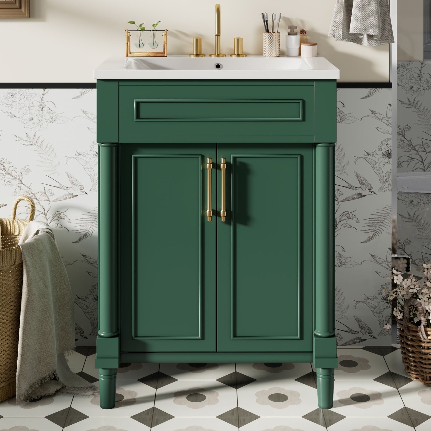 VanityFus 24-in Green Bathroom Vanity Undermount Single Sink Combo with Ceramic Top 2 Doors Adjustable Shelves