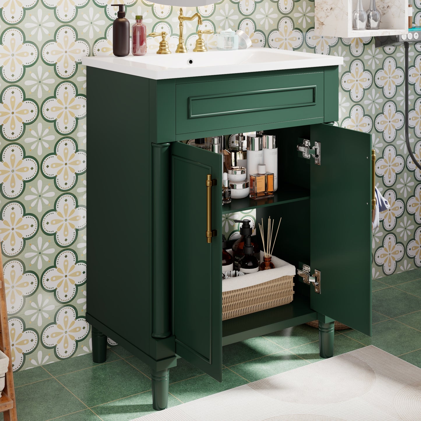 VanityFus 24-in Green Bathroom Vanity Undermount Single Sink Combo with Ceramic Top 2 Doors Adjustable Shelves