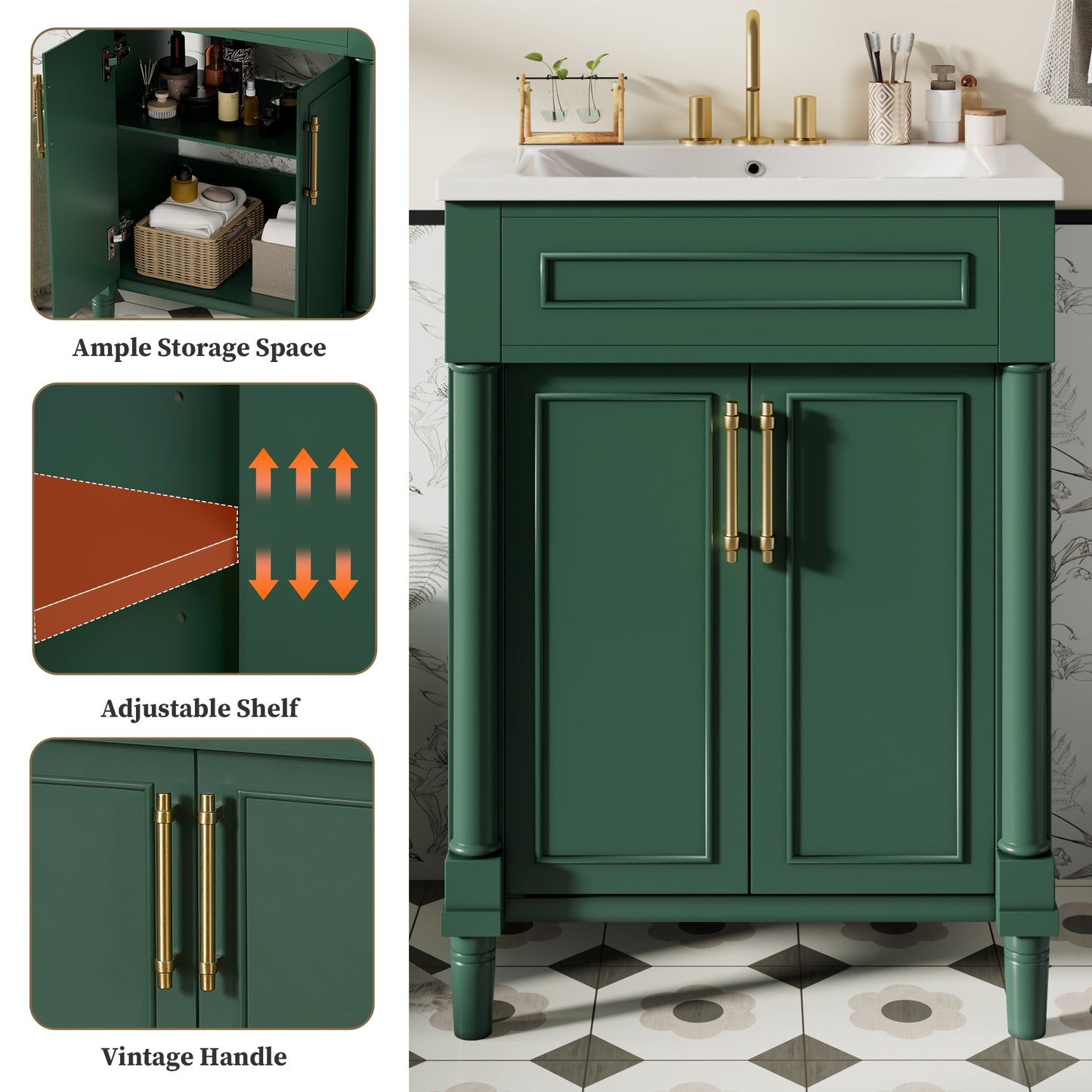 VanityFus 24-in Green Bathroom Vanity Undermount Single Sink Combo with Ceramic Top 2 Doors Adjustable Shelves