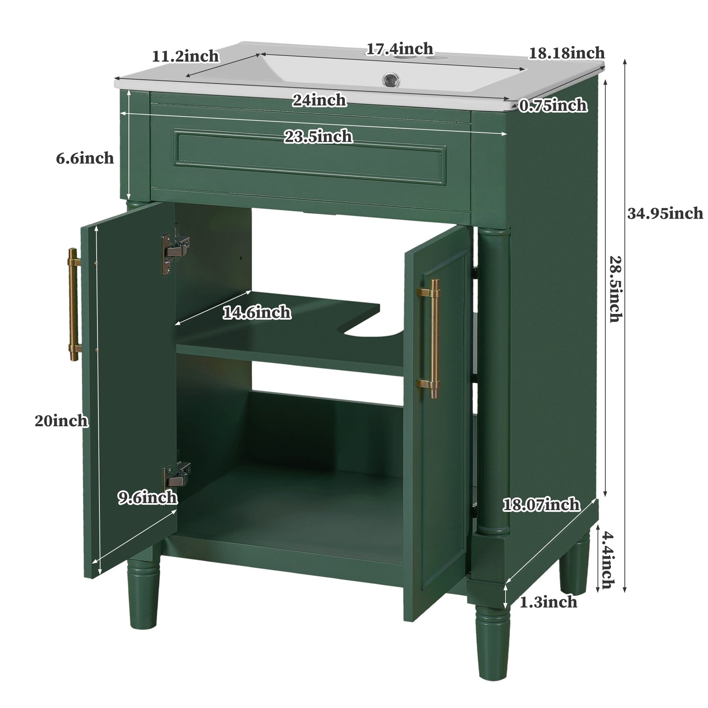 VanityFus 24-in Green Bathroom Vanity Undermount Single Sink Combo with Ceramic Top 2 Doors Adjustable Shelves