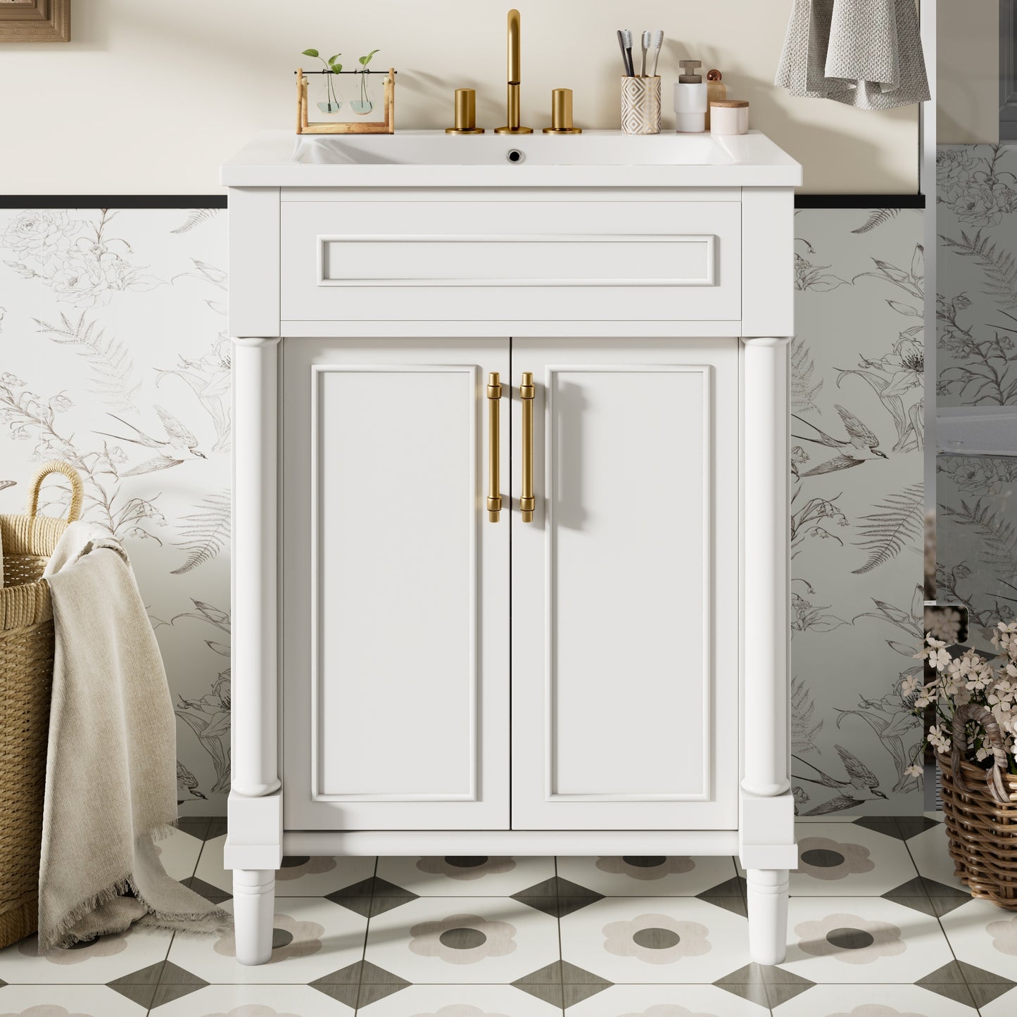 VanityFus 24-in White Bathroom Vanity Undermount Single Sink Combo with Ceramic Top 2 Doors Adjustable Shelves
