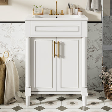 VanityFus 24-in White Bathroom Vanity Undermount Single Sink Combo with Ceramic Top 2 Doors Adjustable Shelves