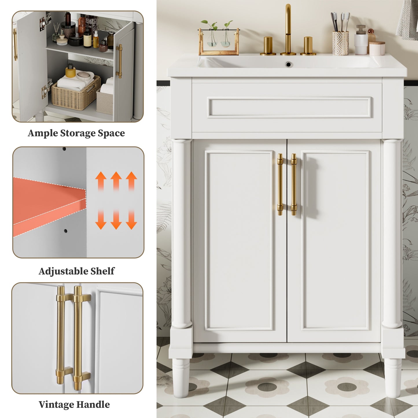 VanityFus 24-in White Bathroom Vanity Undermount Single Sink Combo with Ceramic Top 2 Doors Adjustable Shelves