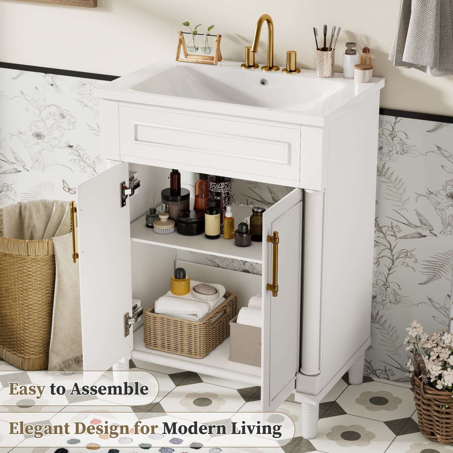 VanityFus 24-in White Bathroom Vanity Undermount Single Sink Combo with Ceramic Top 2 Doors Adjustable Shelves