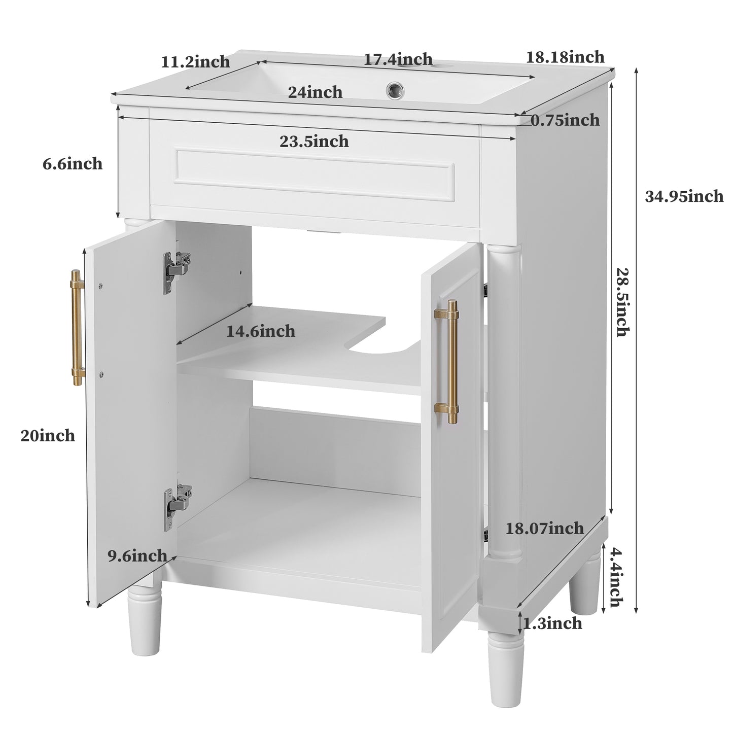 VanityFus 24-in White Bathroom Vanity Undermount Single Sink Combo with Ceramic Top 2 Doors Adjustable Shelves