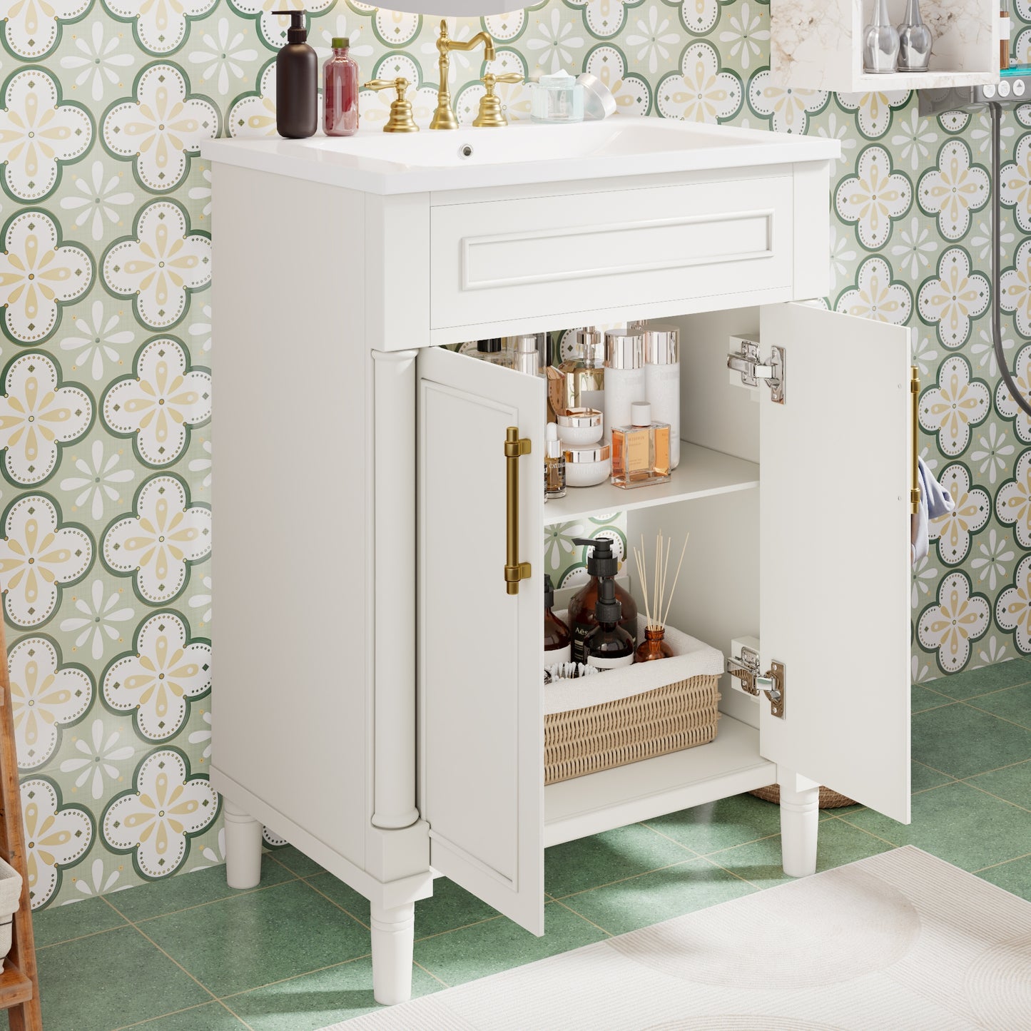 VanityFus 24-in White Bathroom Vanity Undermount Single Sink Combo with Ceramic Top 2 Doors Adjustable Shelves