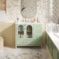 VanityFus 36-in Green Bathroom Vanity Undermount Single Sink Combo with Ceramic Top 2 Soft Close Doors 4 Drawers Adjustable Shelves