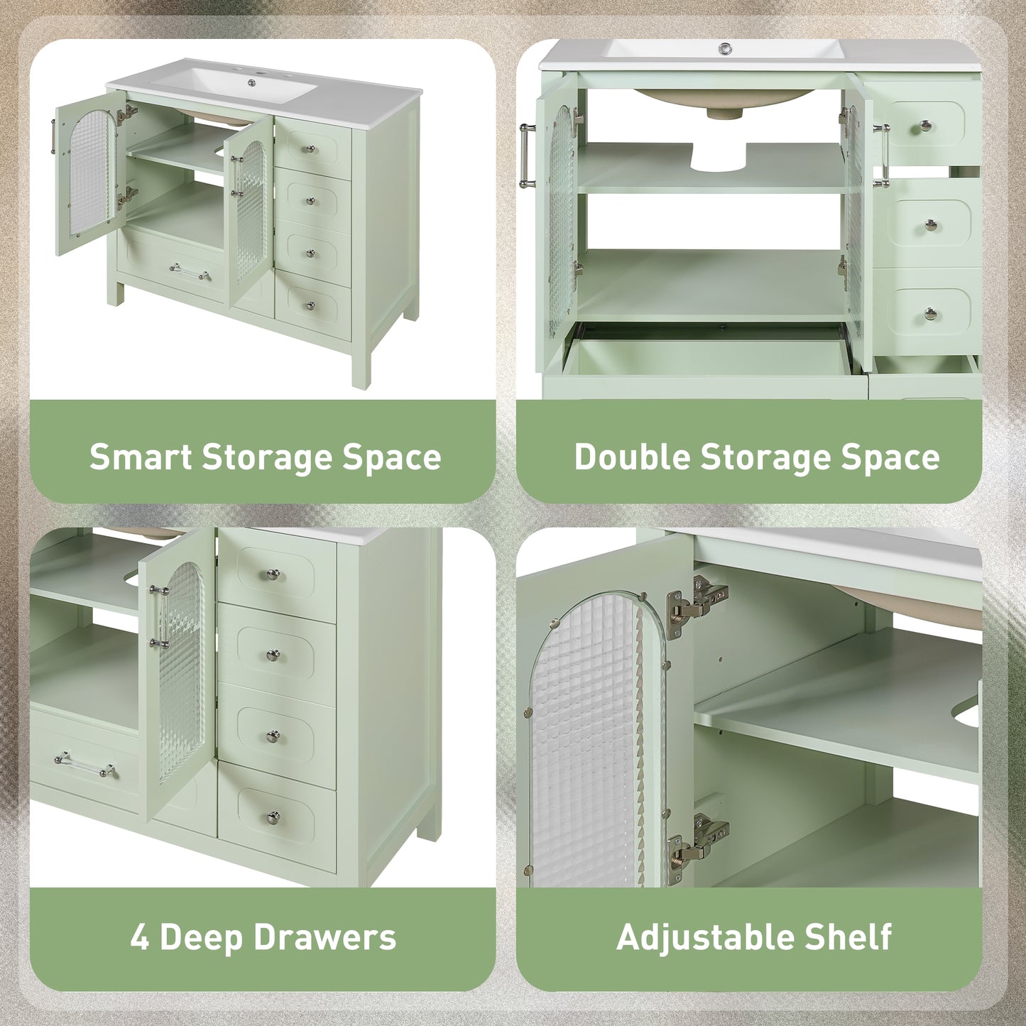 VanityFus 36-in Green Bathroom Vanity Undermount Single Sink Combo with Ceramic Top 2 Soft Close Doors 4 Drawers Adjustable Shelves