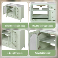 VanityFus 36-in Green Bathroom Vanity Undermount Single Sink Combo with Ceramic Top 2 Soft Close Doors 4 Drawers Adjustable Shelves