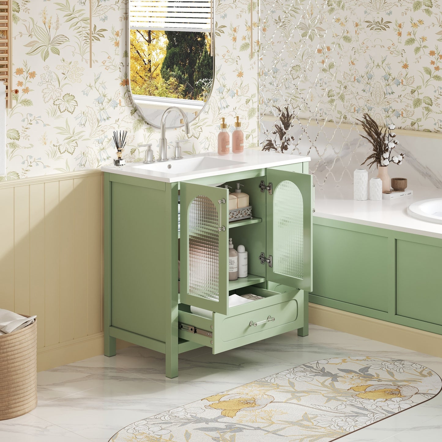 VanityFus 36-in Green Bathroom Vanity Undermount Single Sink Combo with Ceramic Top 2 Soft Close Doors 4 Drawers Adjustable Shelves
