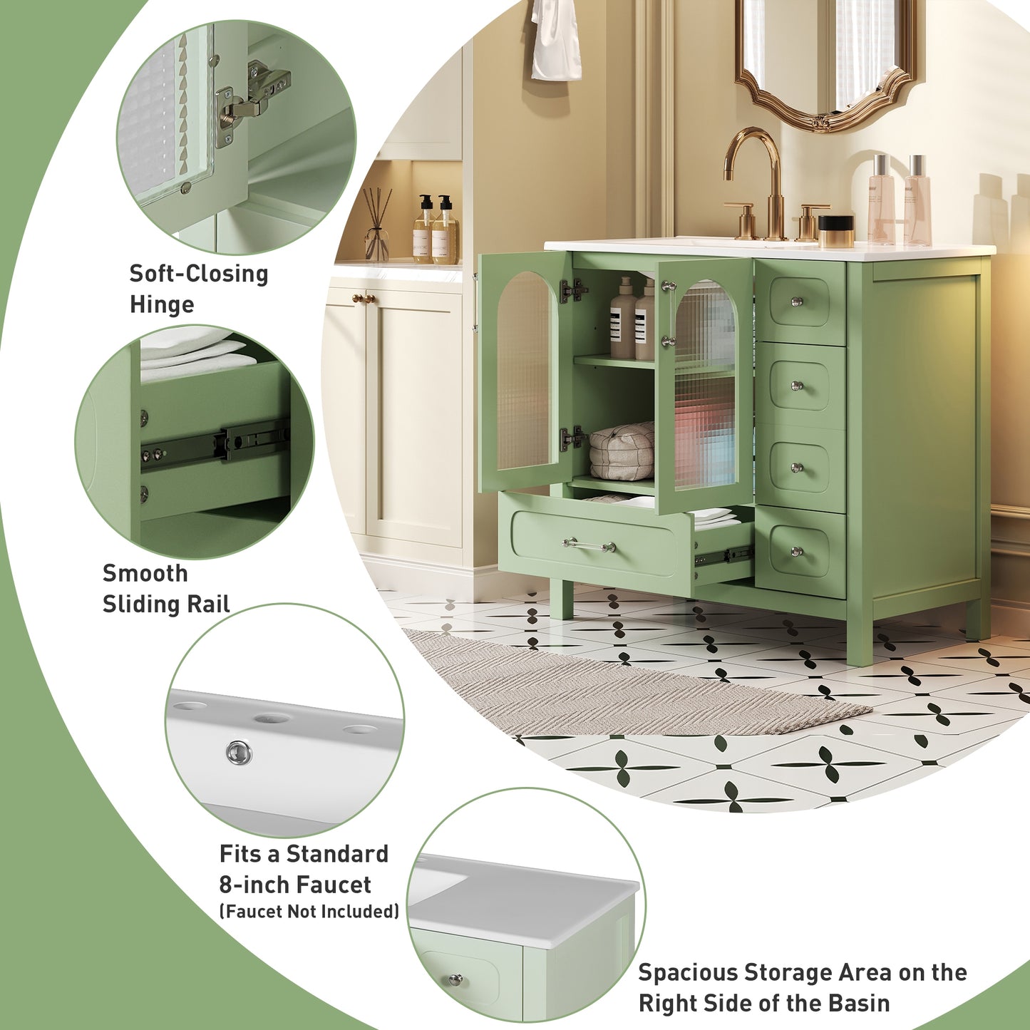 VanityFus 36-in Green Bathroom Vanity Undermount Single Sink Combo with Ceramic Top 2 Soft Close Doors 4 Drawers Adjustable Shelves