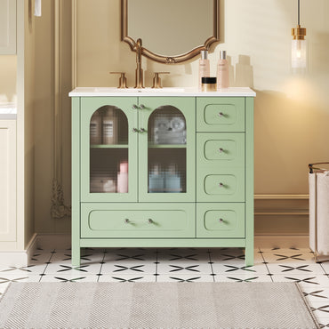 VanityFus 36-in Green Bathroom Vanity Undermount Single Sink Combo with Ceramic Top 2 Soft Close Doors 4 Drawers Adjustable Shelves