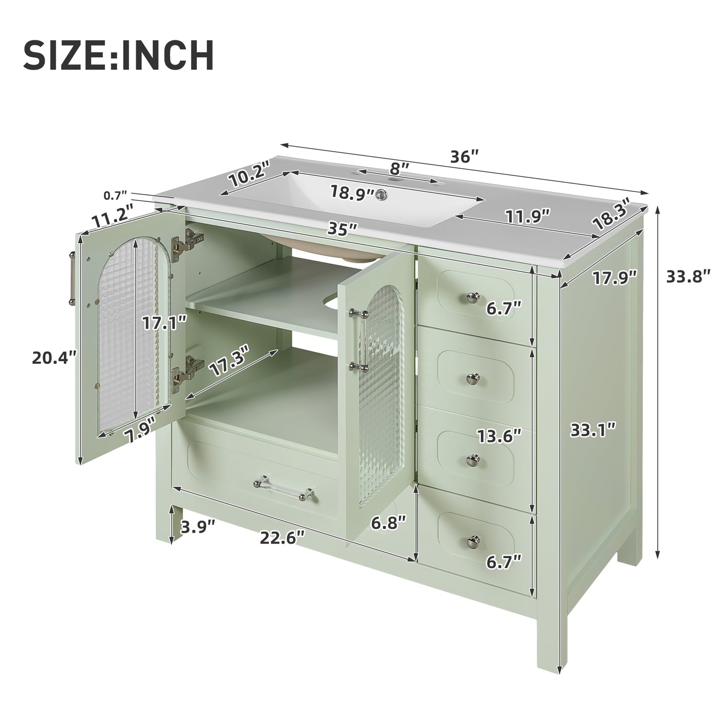 VanityFus 36-in Green Bathroom Vanity Undermount Single Sink Combo with Ceramic Top 2 Soft Close Doors 4 Drawers Adjustable Shelves