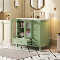 VanityFus 36-in Green Bathroom Vanity Undermount Single Sink Combo with Ceramic Top 2 Soft Close Doors 4 Drawers Adjustable Shelves