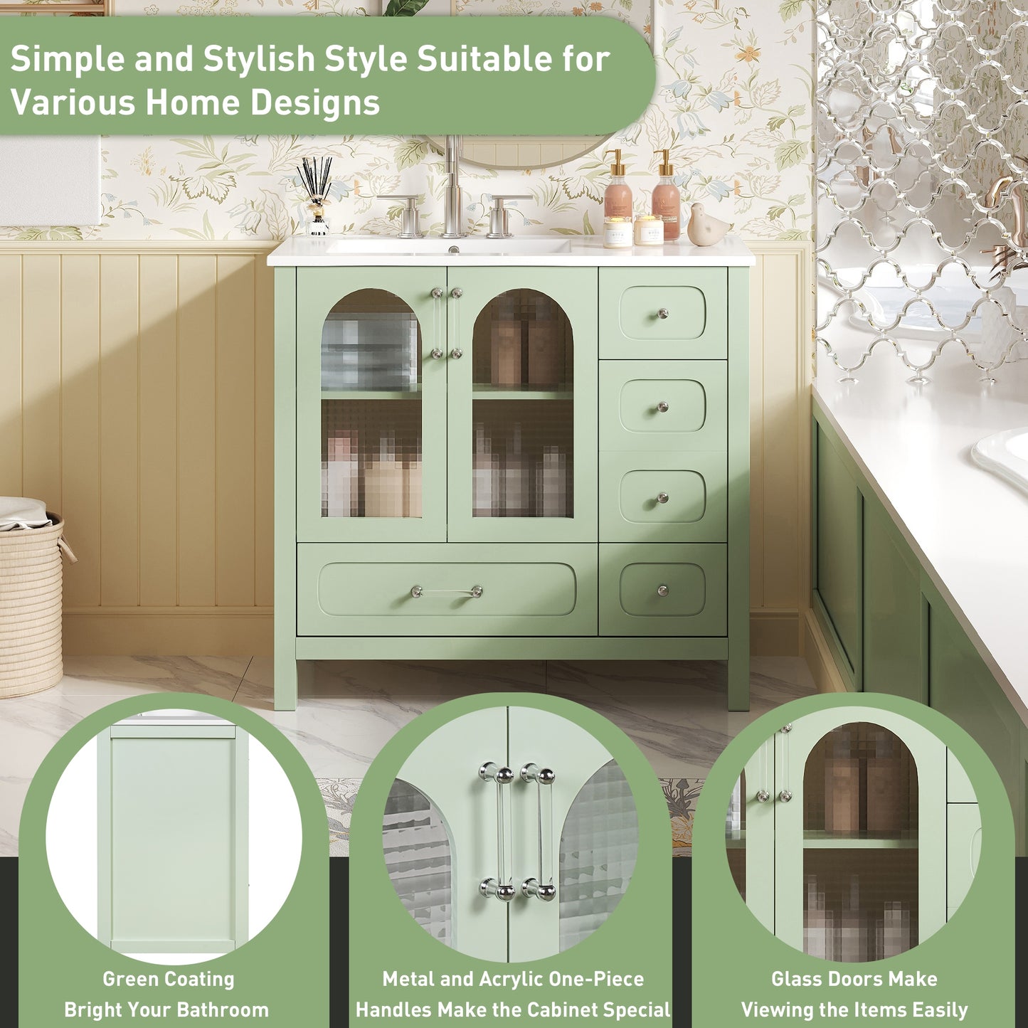 VanityFus 36-in Green Bathroom Vanity Undermount Single Sink Combo with Ceramic Top 2 Soft Close Doors 4 Drawers Adjustable Shelves