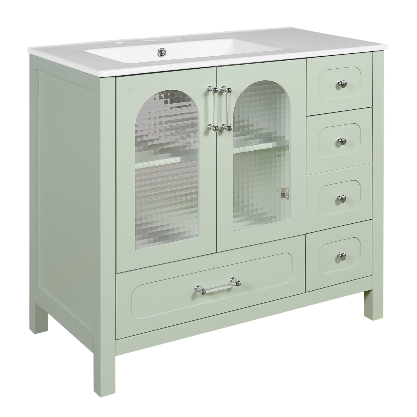 VanityFus 36-in Green Bathroom Vanity Undermount Single Sink Combo with Ceramic Top 2 Soft Close Doors 4 Drawers Adjustable Shelves