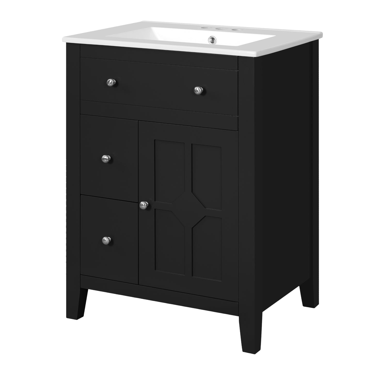VanityFus 24-in Black Bathroom Vanity Undermount Single Sink Combo with Ceramic Top 1 Soft Close Door 2 Drawers Adjustable Shelves