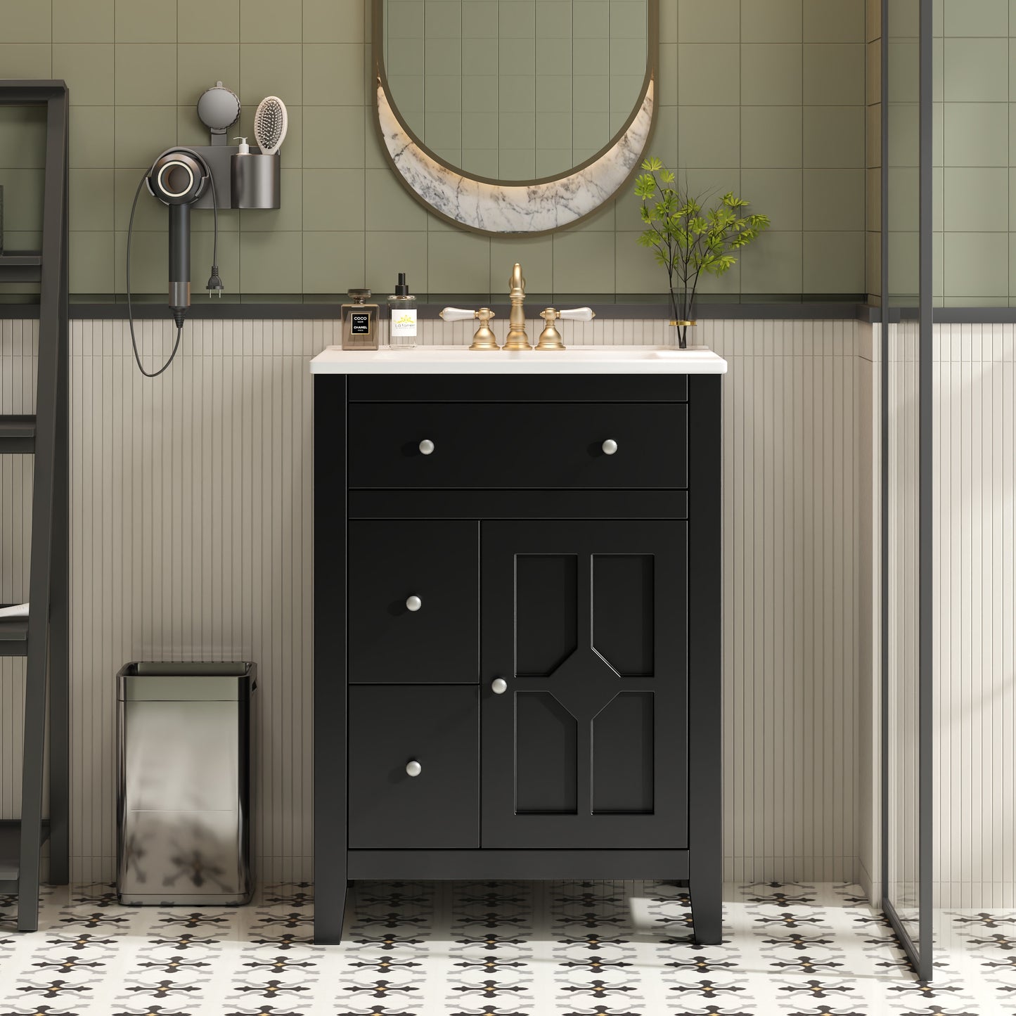 VanityFus 24-in Black Bathroom Vanity Undermount Single Sink Combo with Ceramic Top 1 Soft Close Door 2 Drawers Adjustable Shelves