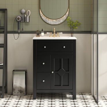 VanityFus 24-in Black Bathroom Vanity Undermount Single Sink Combo with Ceramic Top 1 Soft Close Door 2 Drawers Adjustable Shelves