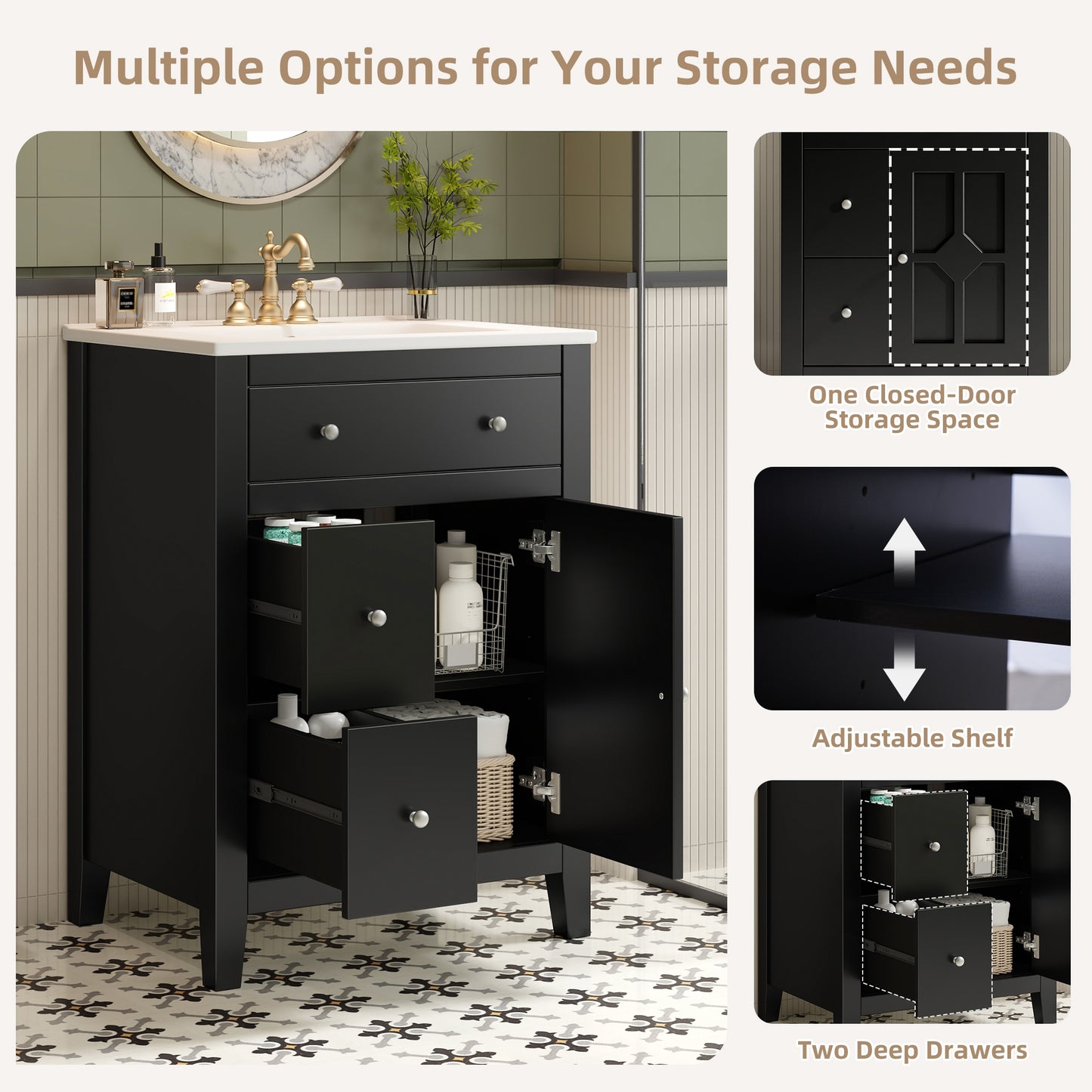 VanityFus 24-in Black Bathroom Vanity Undermount Single Sink Combo with Ceramic Top 1 Soft Close Door 2 Drawers Adjustable Shelves