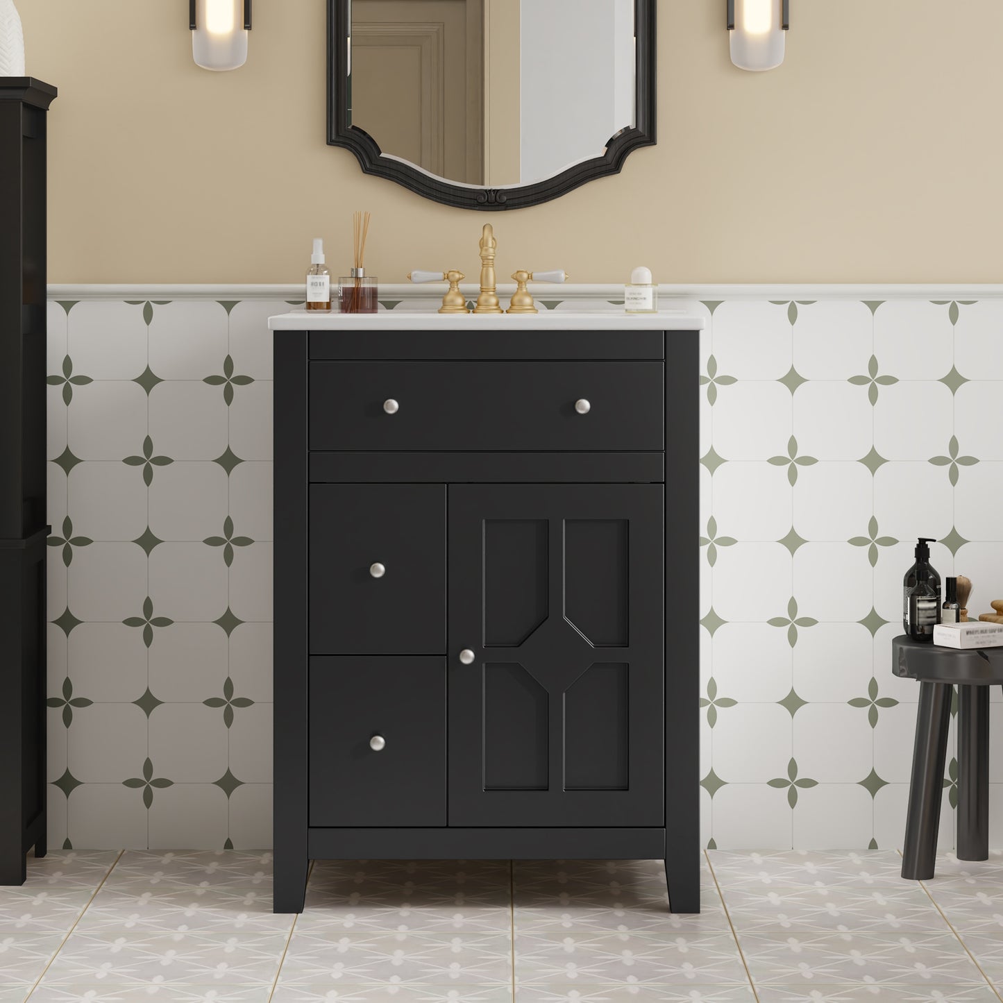 VanityFus 24-in Black Bathroom Vanity Undermount Single Sink Combo with Ceramic Top 1 Soft Close Door 2 Drawers Adjustable Shelves