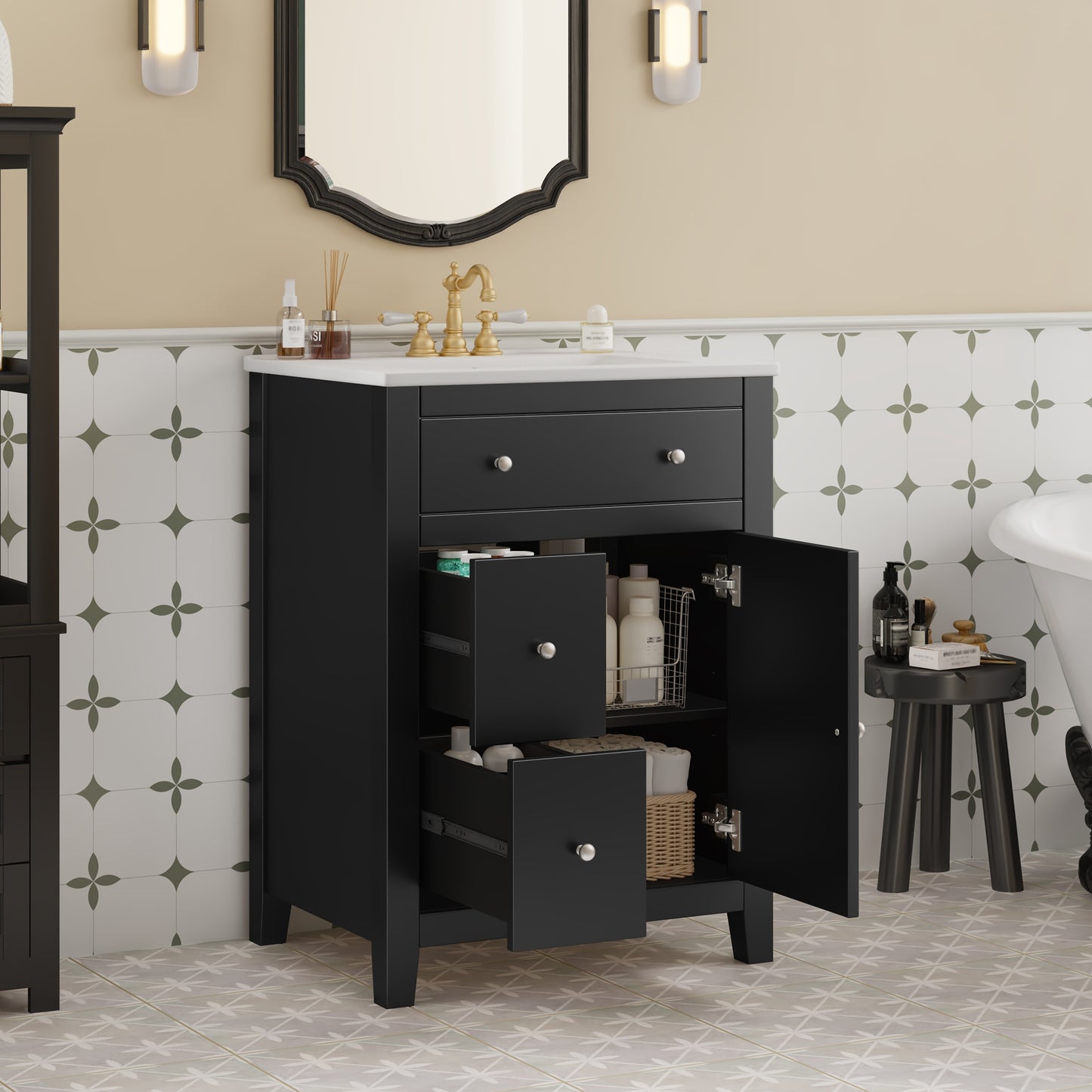 VanityFus 24-in Black Bathroom Vanity Undermount Single Sink Combo with Ceramic Top 1 Soft Close Door 2 Drawers Adjustable Shelves