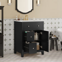 VanityFus 24-in Black Bathroom Vanity Undermount Single Sink Combo with Ceramic Top 1 Soft Close Door 2 Drawers Adjustable Shelves