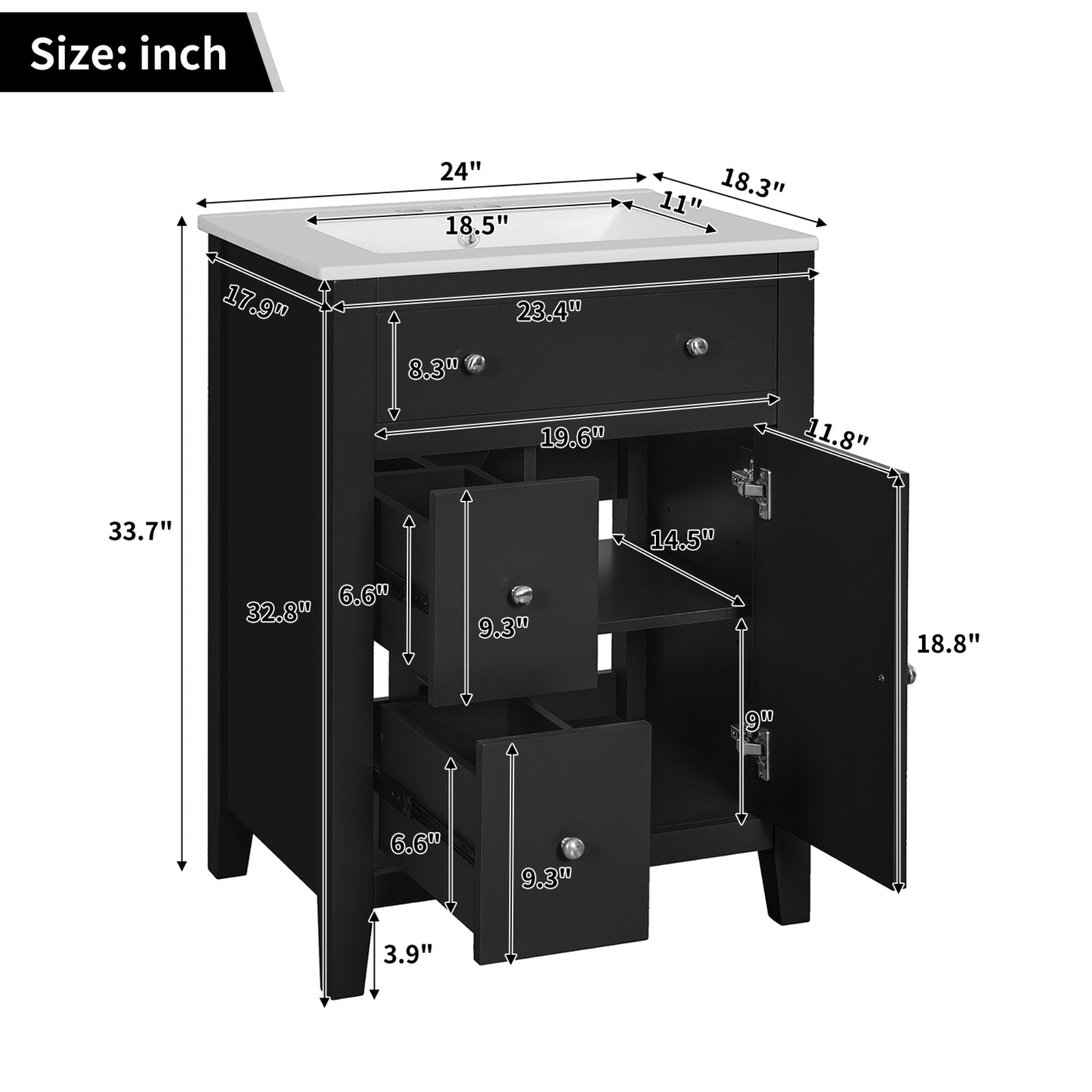VanityFus 24-in Black Bathroom Vanity Undermount Single Sink Combo with Ceramic Top 1 Soft Close Door 2 Drawers Adjustable Shelves