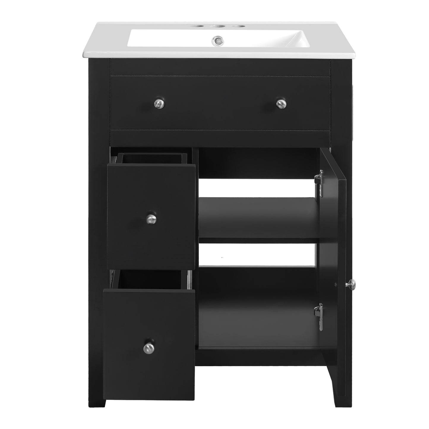 VanityFus 24-in Black Bathroom Vanity Undermount Single Sink Combo with Ceramic Top 1 Soft Close Door 2 Drawers Adjustable Shelves