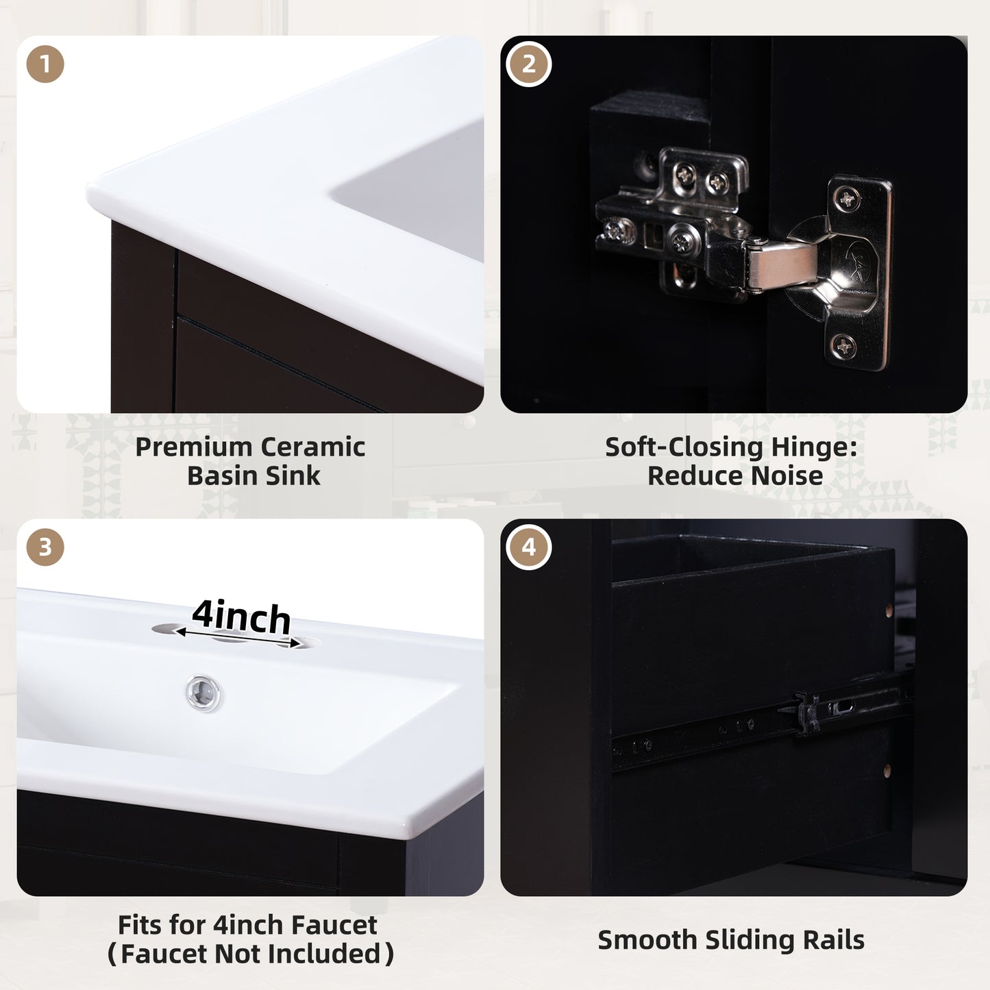 VanityFus 24-in Black Bathroom Vanity Undermount Single Sink Combo with Ceramic Top 1 Soft Close Door 2 Drawers Adjustable Shelves
