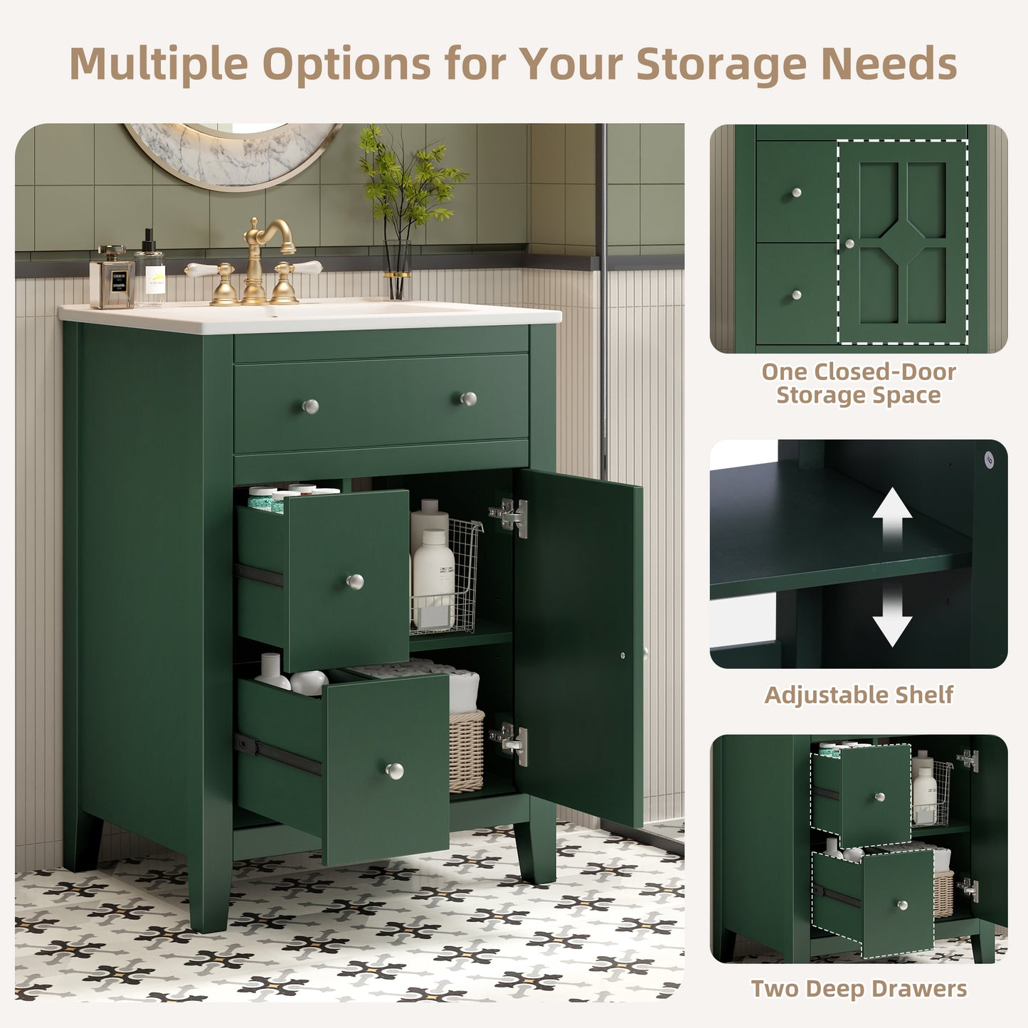 VanityFus 24-in Green Bathroom Vanity Undermount Single Sink Combo with Ceramic Top 1 Soft Close Door 2 Drawers Adjustable Shelves
