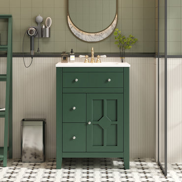 VanityFus 24-in Green Bathroom Vanity Undermount Single Sink Combo with Ceramic Top 1 Soft Close Door 2 Drawers Adjustable Shelves