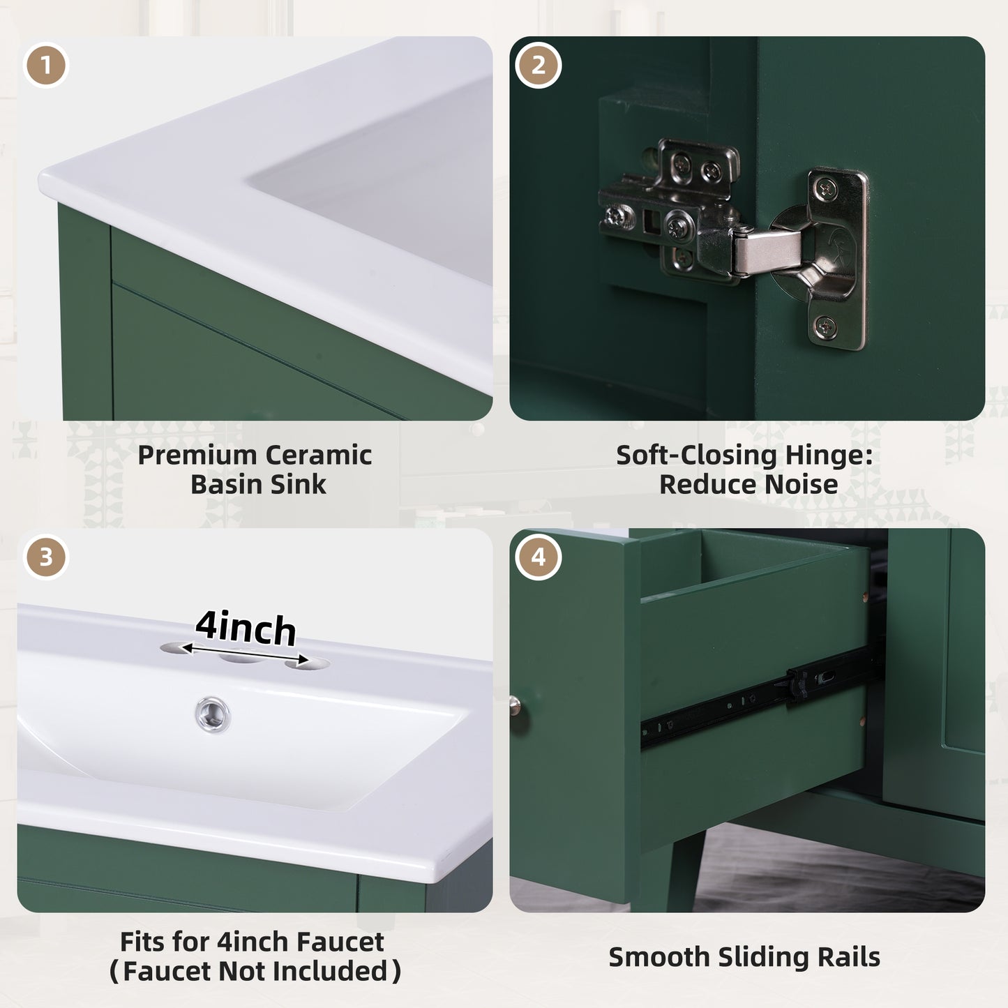 VanityFus 24-in Green Bathroom Vanity Undermount Single Sink Combo with Ceramic Top 1 Soft Close Door 2 Drawers Adjustable Shelves