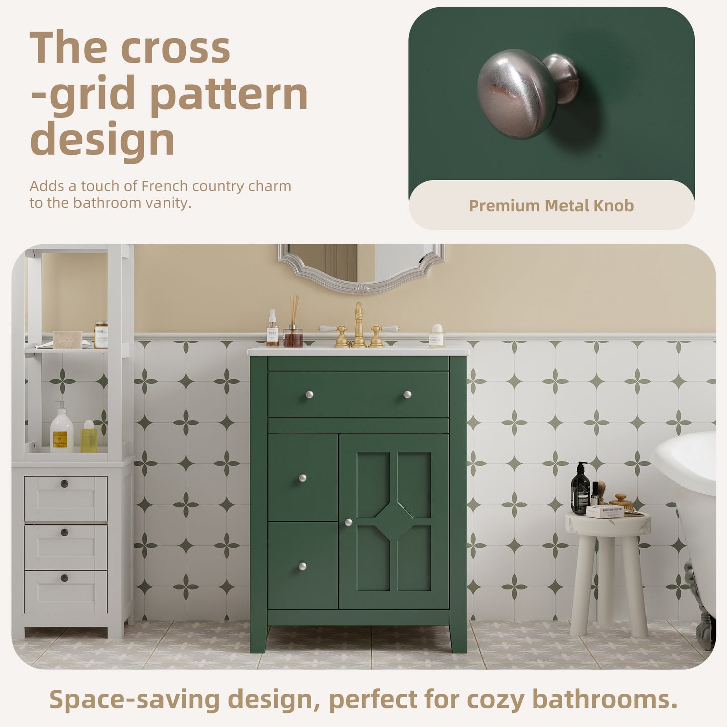 VanityFus 24-in Green Bathroom Vanity Undermount Single Sink Combo with Ceramic Top 1 Soft Close Door 2 Drawers Adjustable Shelves