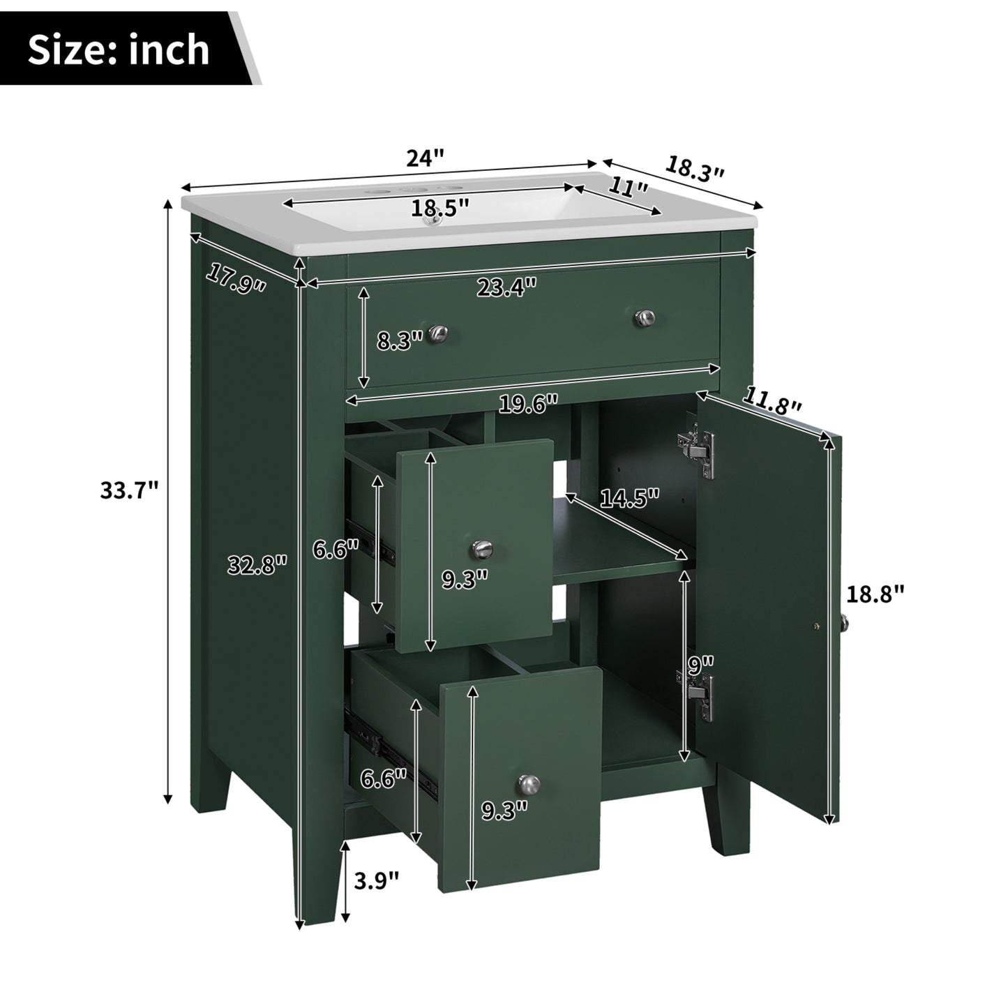 VanityFus 24-in Green Bathroom Vanity Undermount Single Sink Combo with Ceramic Top 1 Soft Close Door 2 Drawers Adjustable Shelves