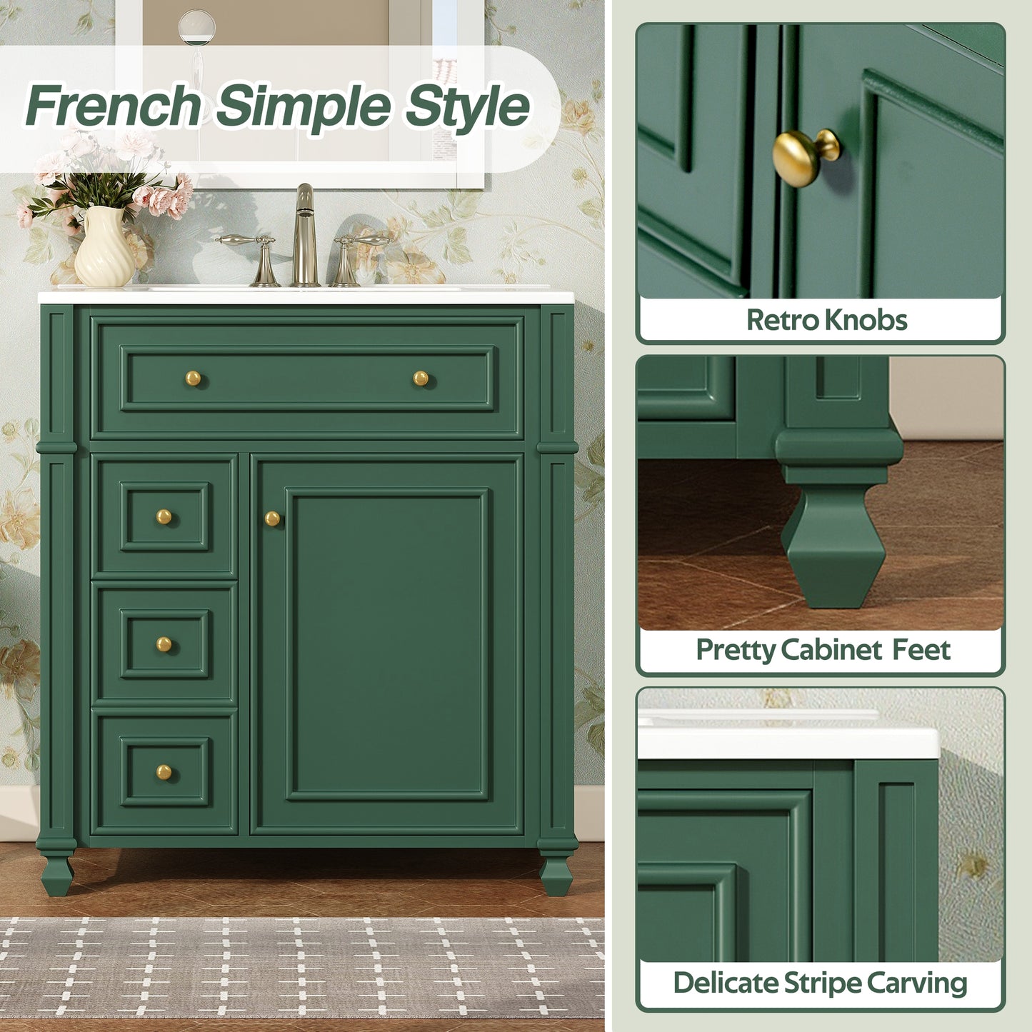 VanityFus 30-in Green Single Sink Bathroom Vanity with Ceramic Top Undermount 1 Soft-Closing Door 3 Drawers Adjustable Shelves