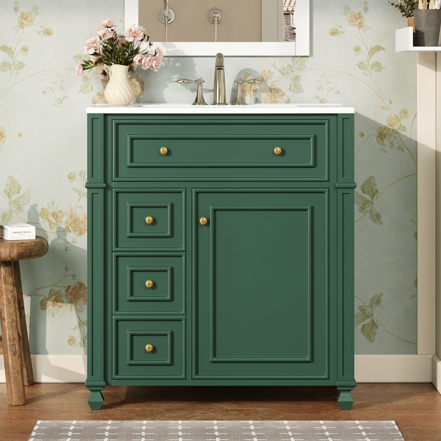 VanityFus 30-in Green Single Sink Bathroom Vanity with Ceramic Top Undermount 1 Soft-Closing Door 3 Drawers Adjustable Shelves