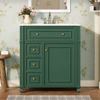 VanityFus 30-in Green Single Sink Bathroom Vanity with Ceramic Top Undermount 1 Soft-Closing Door 3 Drawers Adjustable Shelves