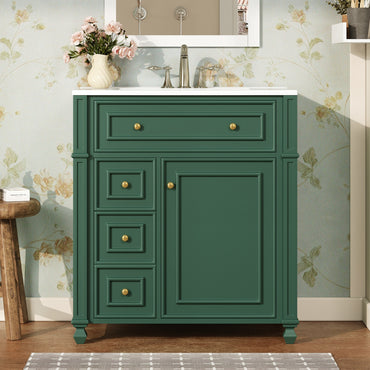 VanityFus 30-in Green Single Sink Bathroom Vanity with Ceramic Top Undermount 1 Soft-Closing Door 3 Drawers Adjustable Shelves