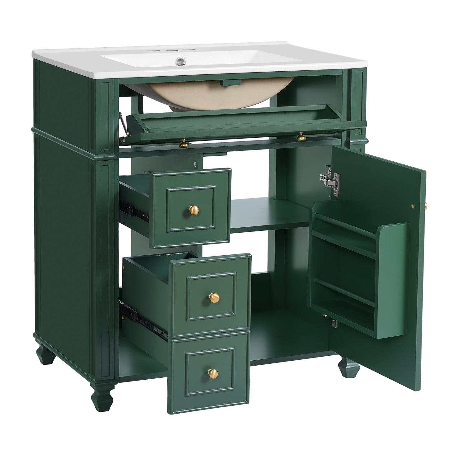 VanityFus 30-in Green Single Sink Bathroom Vanity with Ceramic Top Undermount 1 Soft-Closing Door 3 Drawers Adjustable Shelves