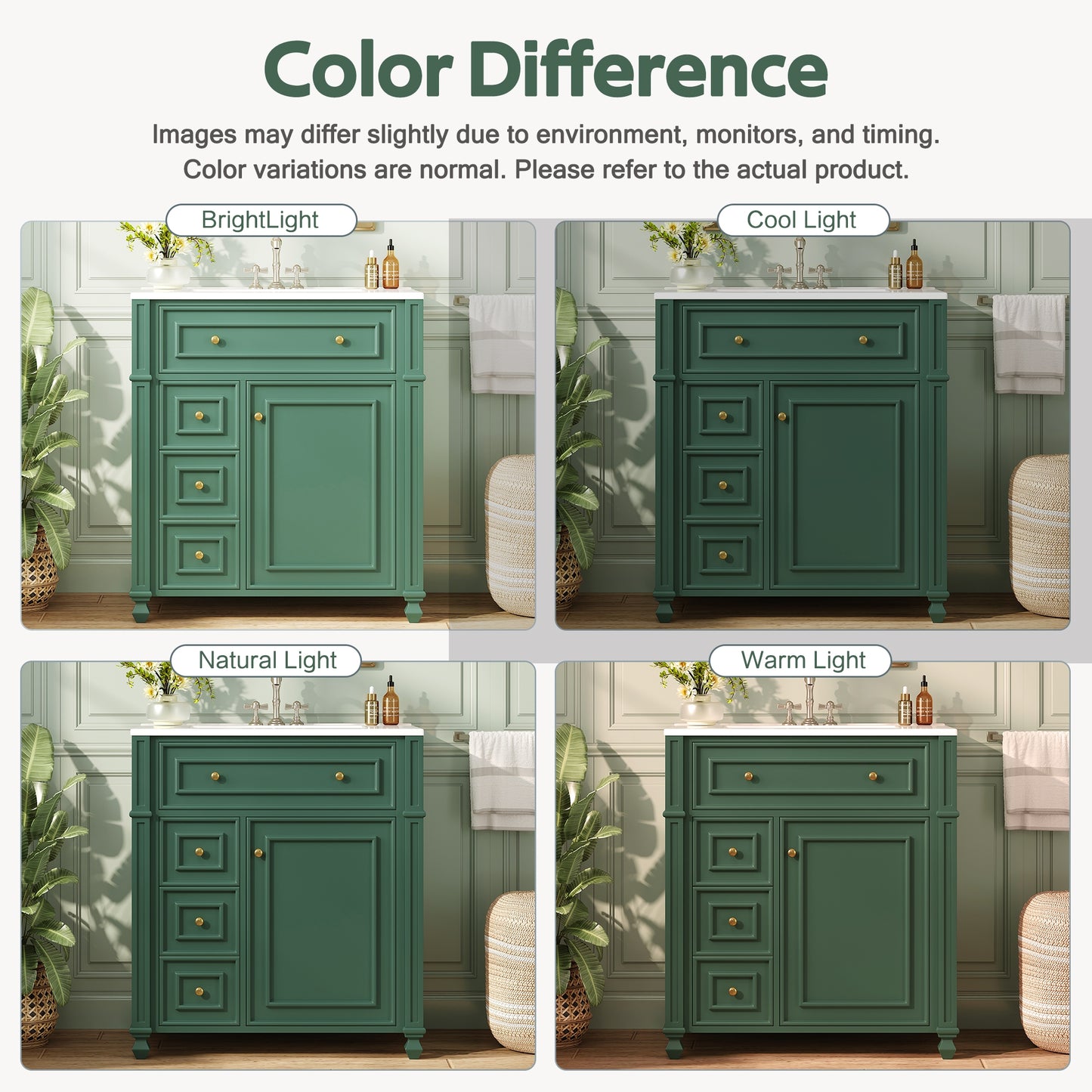 VanityFus 30-in Green Single Sink Bathroom Vanity with Ceramic Top Undermount 1 Soft-Closing Door 3 Drawers Adjustable Shelves